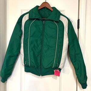 Vtg Ski Jacket by Roffe in Green and White Made in USA Size M Down Filled